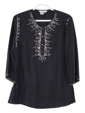 Ninety Women's Black 100% Silk Beaded Embellished Tunic Blouse Small